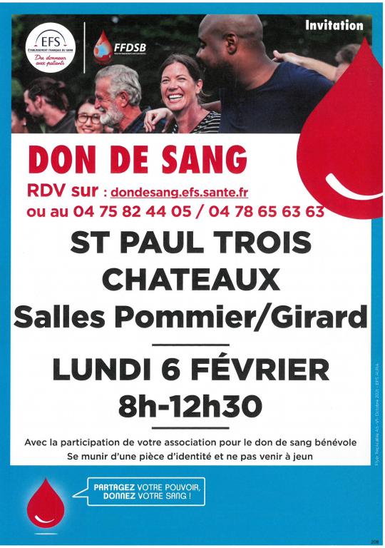DON DE SANG - ST PAUL 3 CHATEAUX - LUNDI 6 FEVRIER 2023